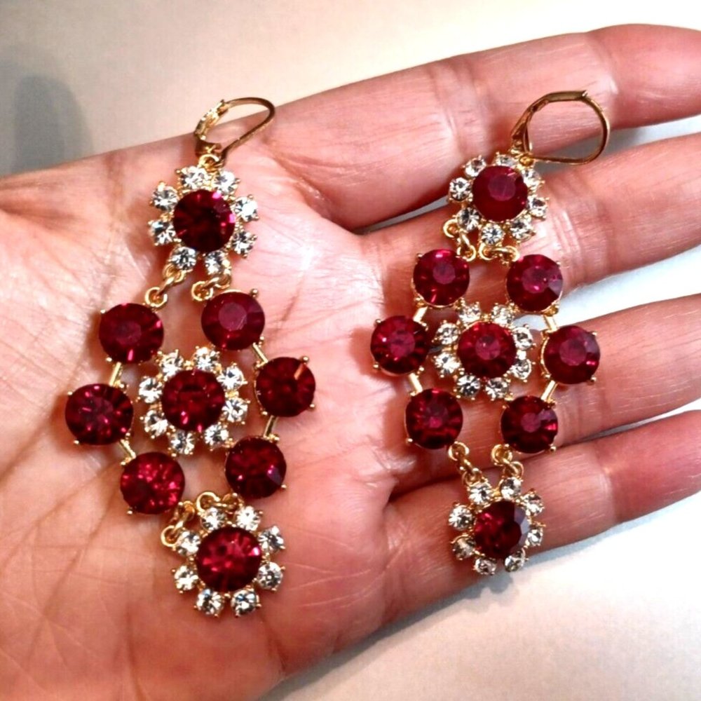 Long Dangle Drop Chandelier Earrings Red stone Gold tone